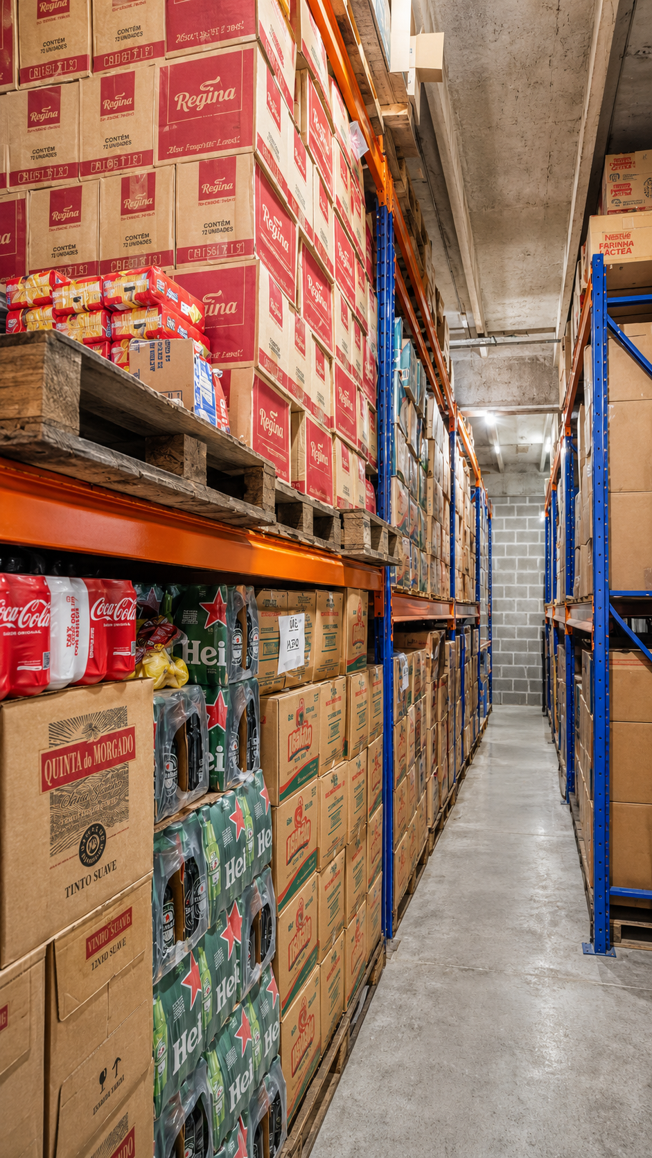Corredor do estoque com prateleiras altas e caixas de mercadorias